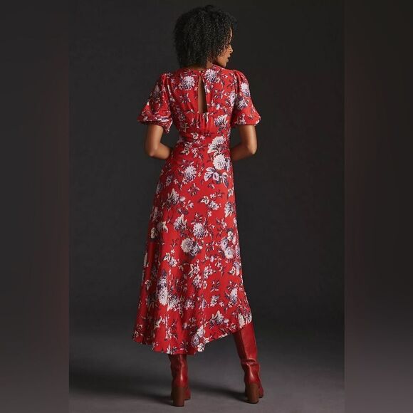 Anthropologie Maeve Red Motif Floral Puff-Sleeve Midi Dress, Size 6 - Picture 2 of 12